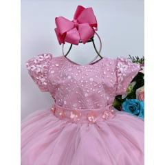 Vestido Infantil Rose C/ Renda e Apliques Flores Princesas