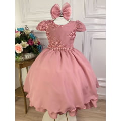 Vestido Infantil Rose Com Laço e Renda Cinto de Pérolas