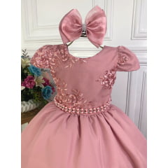Vestido Infantil Rose Com Laço e Renda Cinto de Pérolas