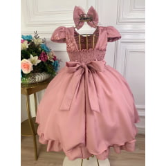Vestido Infantil Rose Com Laço e Renda Cinto de Pérolas