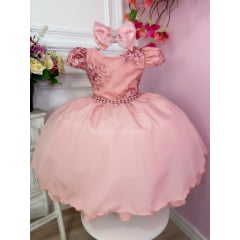 Vestido Infantil Rose Com Renda Cinto Pérolas e Laço