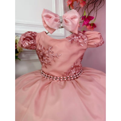 Vestido Infantil Rose Com Renda Cinto Pérolas e Laço