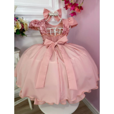 Vestido Infantil Rose Com Renda Cinto Pérolas e Laço