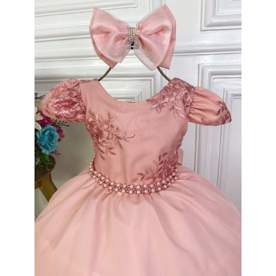 Vestido Infantil Rose Com Renda Cinto Pérolas e Laço