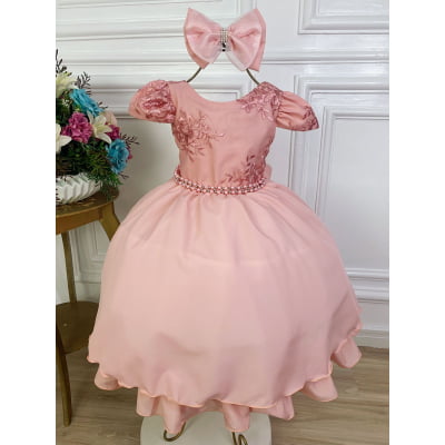 Vestido Infantil Rose Com Renda Cinto Pérolas e Laço