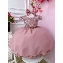 Vestido Infantil Rose Com Renda Laço e Cinto de Pérolas