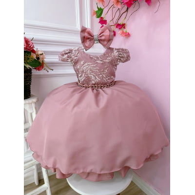 Vestido Infantil Rose Com Renda Laço e Cinto de Pérolas