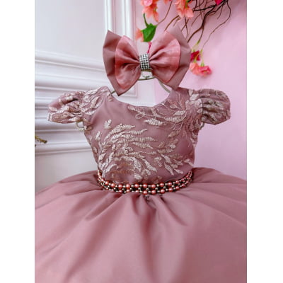 Vestido Infantil Rose Com Renda Laço e Cinto de Pérolas