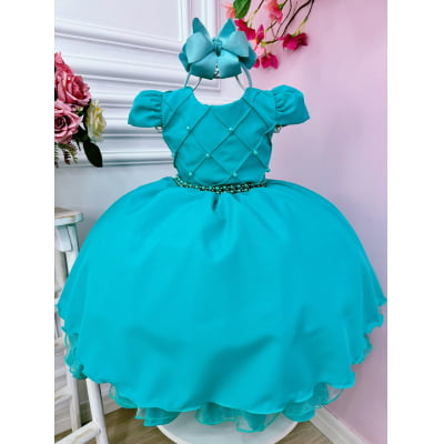 Vestido Infantil Verde Busto Nervura C/ Pérolas Luxo