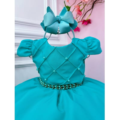 Vestido Infantil Verde Busto Nervura C/ Pérolas Luxo