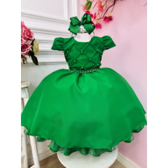 Vestido Infantil Verde Com Busto Nervura e Pérolas Luxo