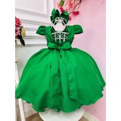 Vestido Infantil Verde Com Busto Nervura e Pérolas Luxo