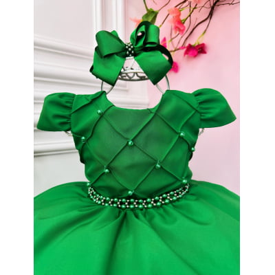 Vestido Infantil Verde Com Busto Nervura e Pérolas Luxo