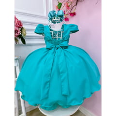 Vestido Infantil Verde Tiffany Busto Nervura C/ Pérolas Luxo