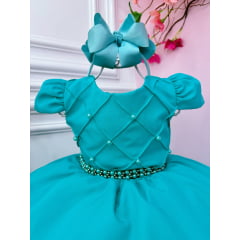 Vestido Infantil Verde Tiffany Busto Nervura C/ Pérolas Luxo