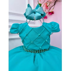 Vestido Infantil Verde Busto Nervura C/ Pérolas Luxo