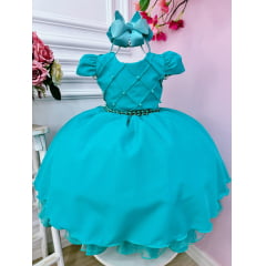 Vestido Infantil Verde Busto Nervura C/ Pérolas Luxo