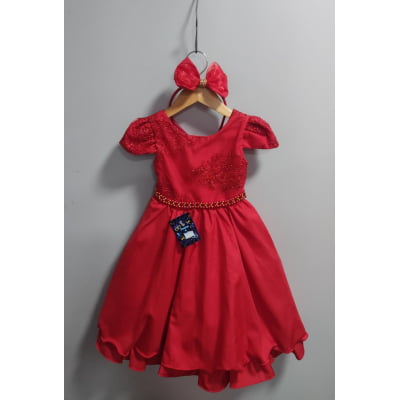 Vestido Infantil Vermelho Renda Metalizada C/ Tiara Daminhas