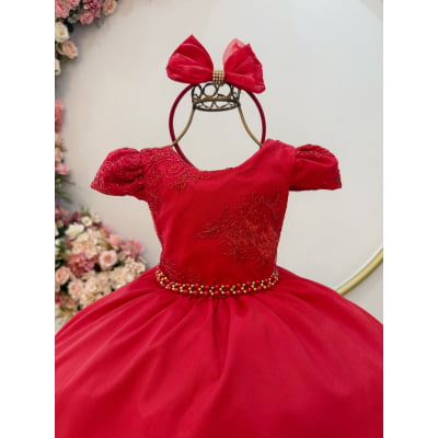 Vestido Infantil Vermelho Renda Metalizada C/ Tiara Daminhas