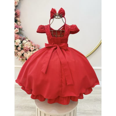 Vestido Infantil Vermelho Renda Metalizada C/ Tiara Daminhas