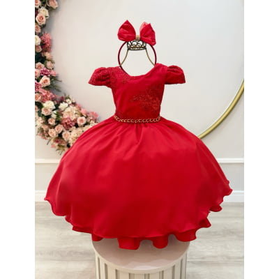 Vestido Infantil Vermelho Renda Metalizada C/ Tiara Daminhas