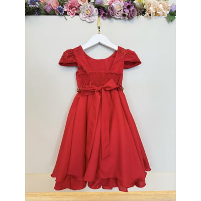 Vestido Infantil Vermelho Renda Metalizada C/ Tiara Daminhas