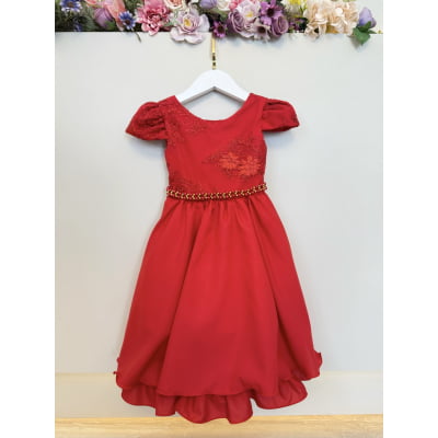 Vestido Infantil Vermelho Renda Metalizada C/ Tiara Daminhas