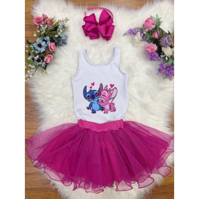 Conjunto Infantil Body e Saia Pink Lilo Stitch e Angel