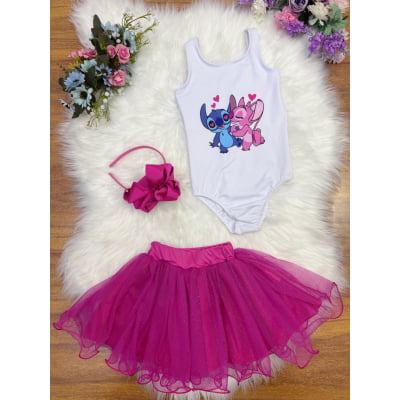 Conjunto Infantil Body e Saia Pink Lilo Stitch e Angel