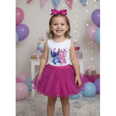 Conjunto Infantil Body e Saia Pink Lilo Stitch e Angel