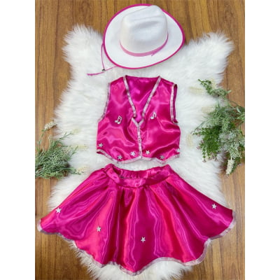 Conjunto Infantil Boiadeira Colete Saia Country Pink Festa