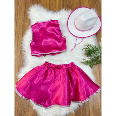 Conjunto Infantil Boiadeira Colete Saia Country Pink Festa