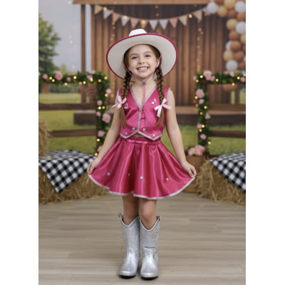 Conjunto Infantil Boiadeira Colete Saia Country Pink Festa