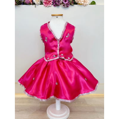 Conjunto Infantil Boiadeira Country Pink, em Cetim