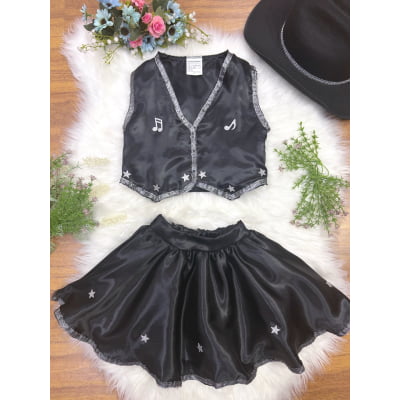 Conjunto Infantil Boiadeira Colete Saia Country Preto Festa