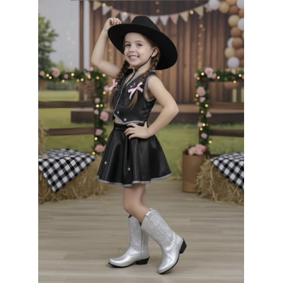 Conjunto Infantil Boiadeira Colete Saia Country Preto Festa
