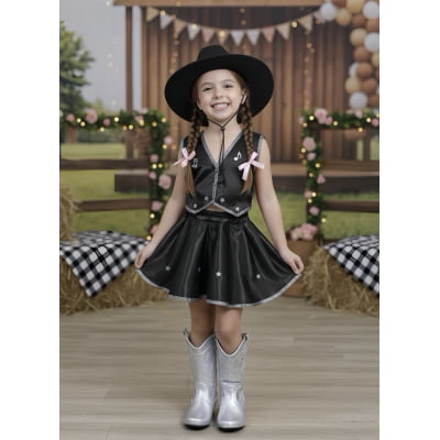 Conjunto Infantil Boiadeira Colete Saia Country Preto Festa