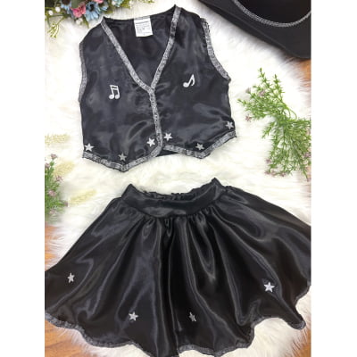 Conjunto Infantil Boiadeira Colete Saia Country Preto Festa