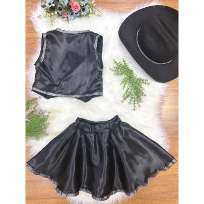 Conjunto Infantil Boiadeira Colete Saia Country Preto Festa