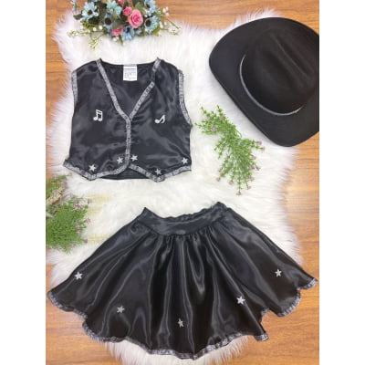 Conjunto Infantil Boiadeira Colete Saia Country Preto Festa