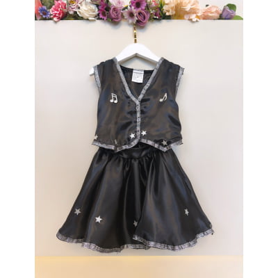 Conjunto Infantil Boiadeira Colete Saia Country Preto Festa