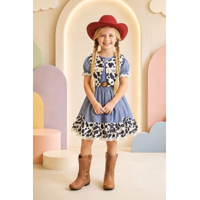 Conjunto Vestido e Colete Infantil Fazendinha Vaquinha Boiadeira Laço Conjunto Vestido e Colete Infantil Fazendinha Vaquinha Boiadeira Laço