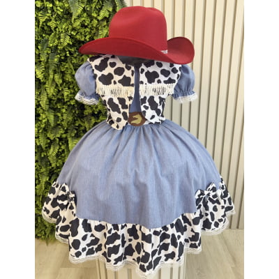 Conjunto Vestido e Colete Infantil Fazendinha Vaquinha Boiadeira Laço