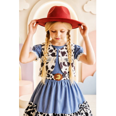 Conjunto Vestido e Colete Infantil Fazendinha Vaquinha Boiadeira Laço