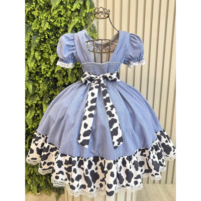 Conjunto Vestido e Colete Infantil Fazendinha Vaquinha Boiadeira Laço