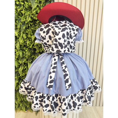 Conjunto Vestido e Colete Infantil Fazendinha Vaquinha Boiadeira Laço