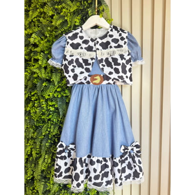 Conjunto Vestido e Colete Infantil Fazendinha Vaquinha Boiadeira Laço