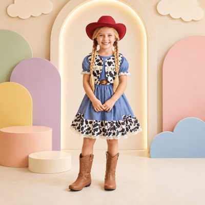 Conjunto Vestido e Colete Infantil Fazendinha Vaquinha Boiadeira Laço Conjunto Vestido e Colete Infantil Fazendinha Vaquinha Boiadeira Laço