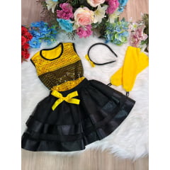 Fantasia Infantil Abelhinha Blusa Saia Tiara e Luva Amarelo