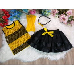 Fantasia Infantil Abelhinha Blusa Saia Tiara e Luva Amarelo